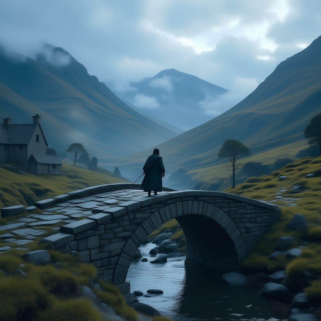 Peasant Crosses Bridge in Fantastical Medieval Scotland
