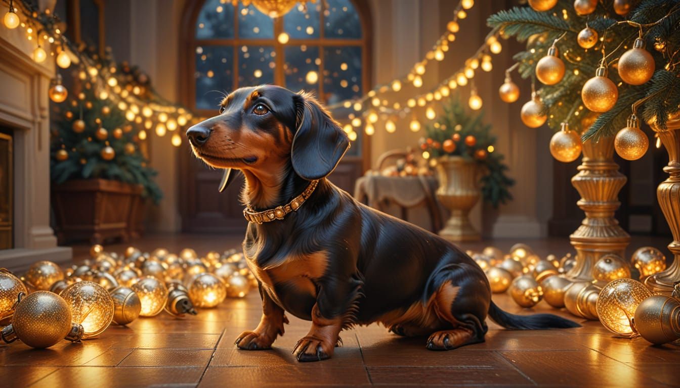 Happy Dachshund in Golden Christmas Lights Digital Oil Paint...