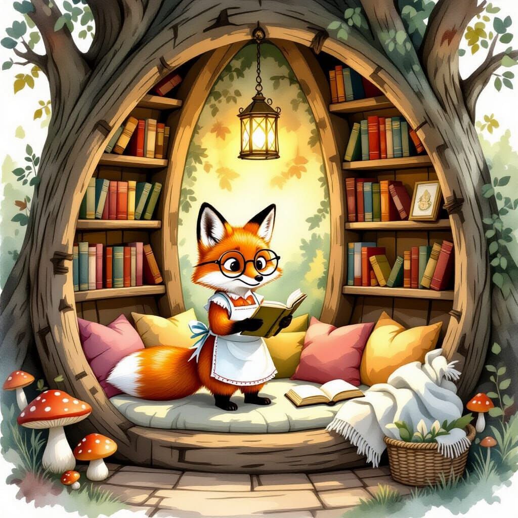 Fox Librarian in Cozy Tree Nook: Watercolor Art
