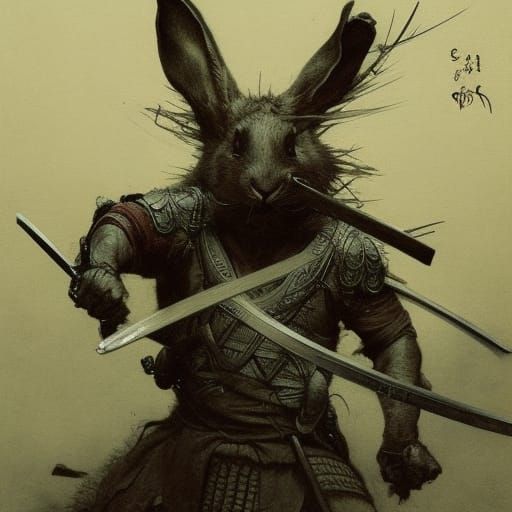 Samurai Rabbit Warrior in Battle, Dark Engraving Style