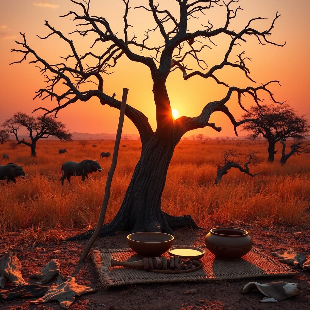 Golden Sunset on the African Savannah with Majestic Acacia T...