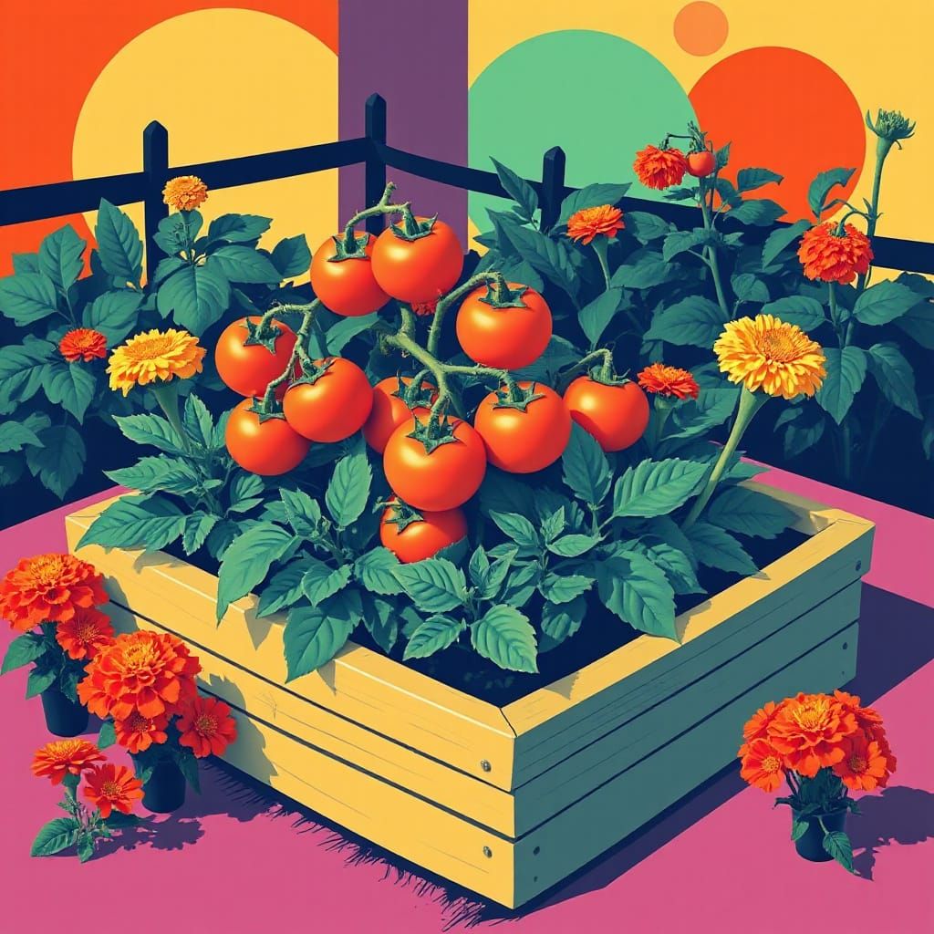 Vibrant Pop Art Garden Scene in Triadic Colors