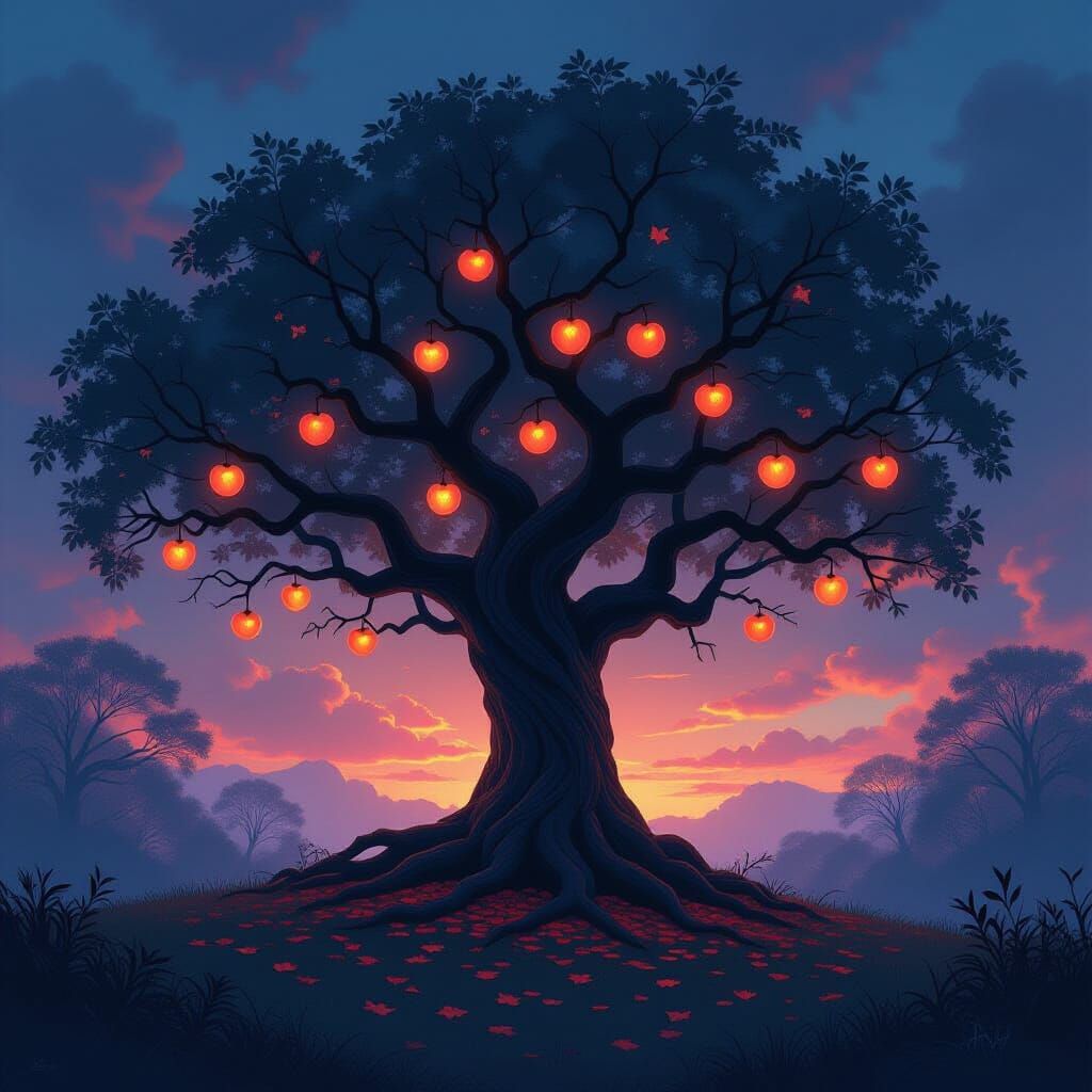 Ancient Tree with Glowing Fruit Under Twilight Sky