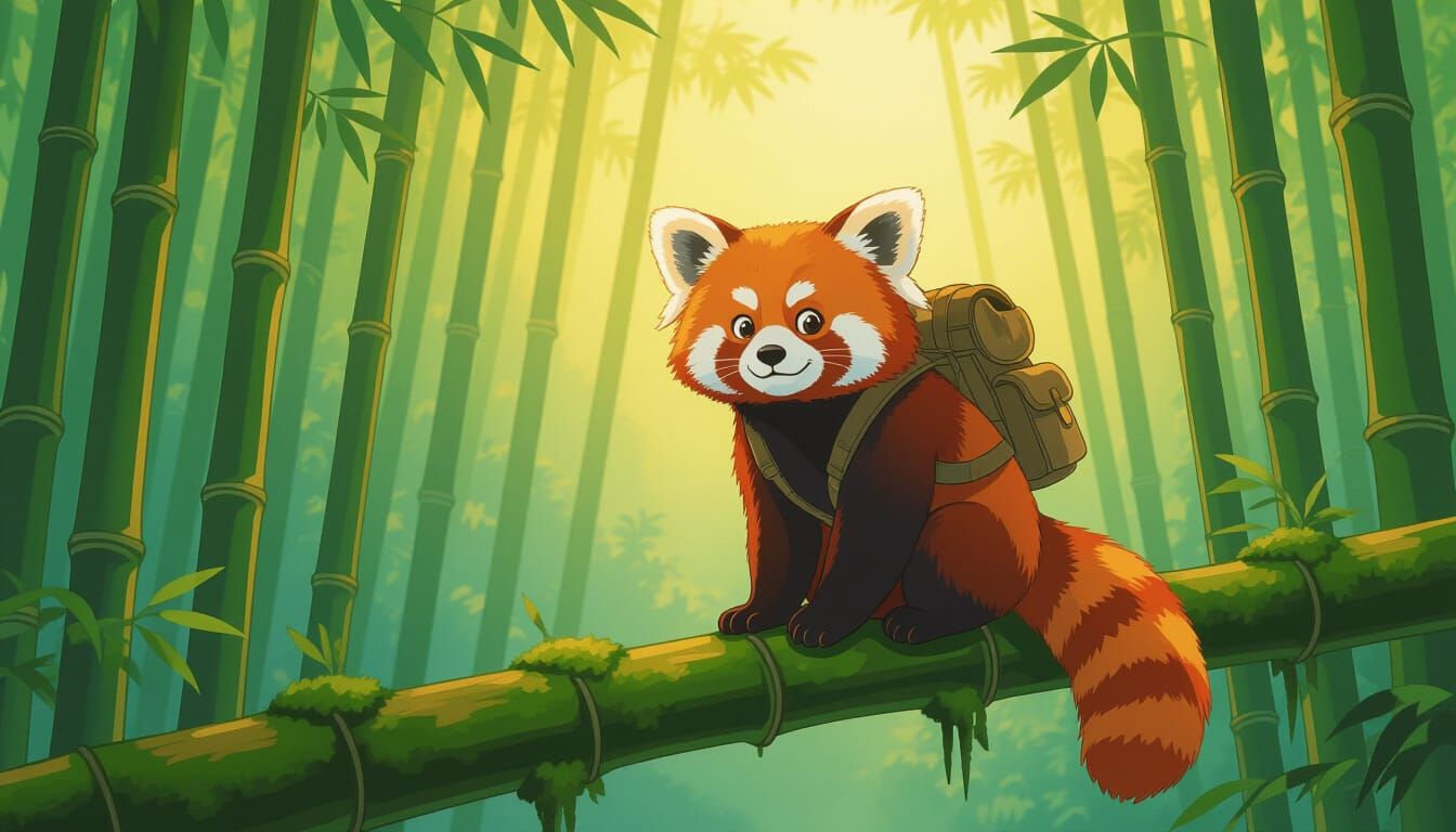 Red Panda Explorer in Sunlit Bamboo Forest