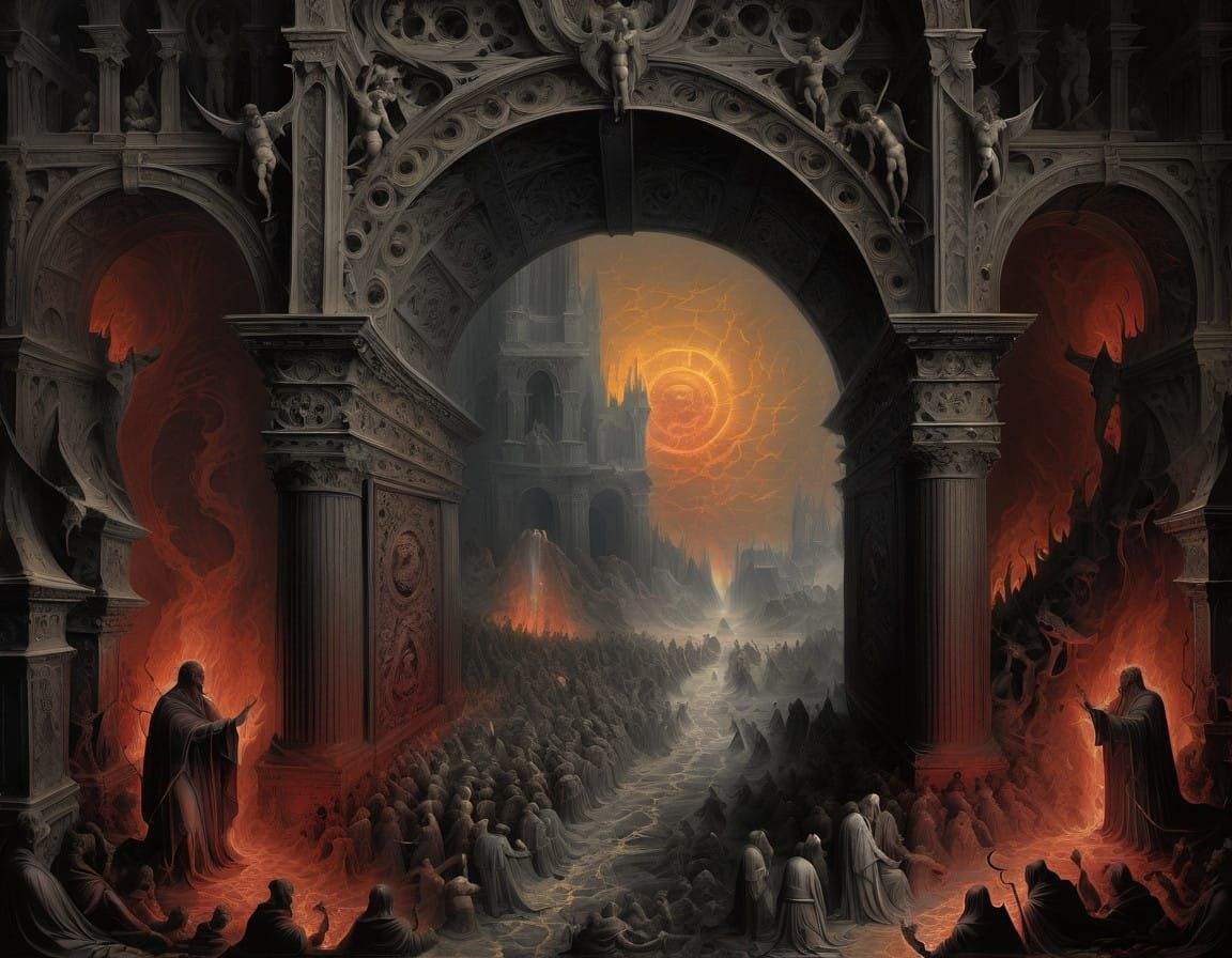 hyperdetailed Metaphysical Painting Gustave Doré, color gradient, demonic hell gates
