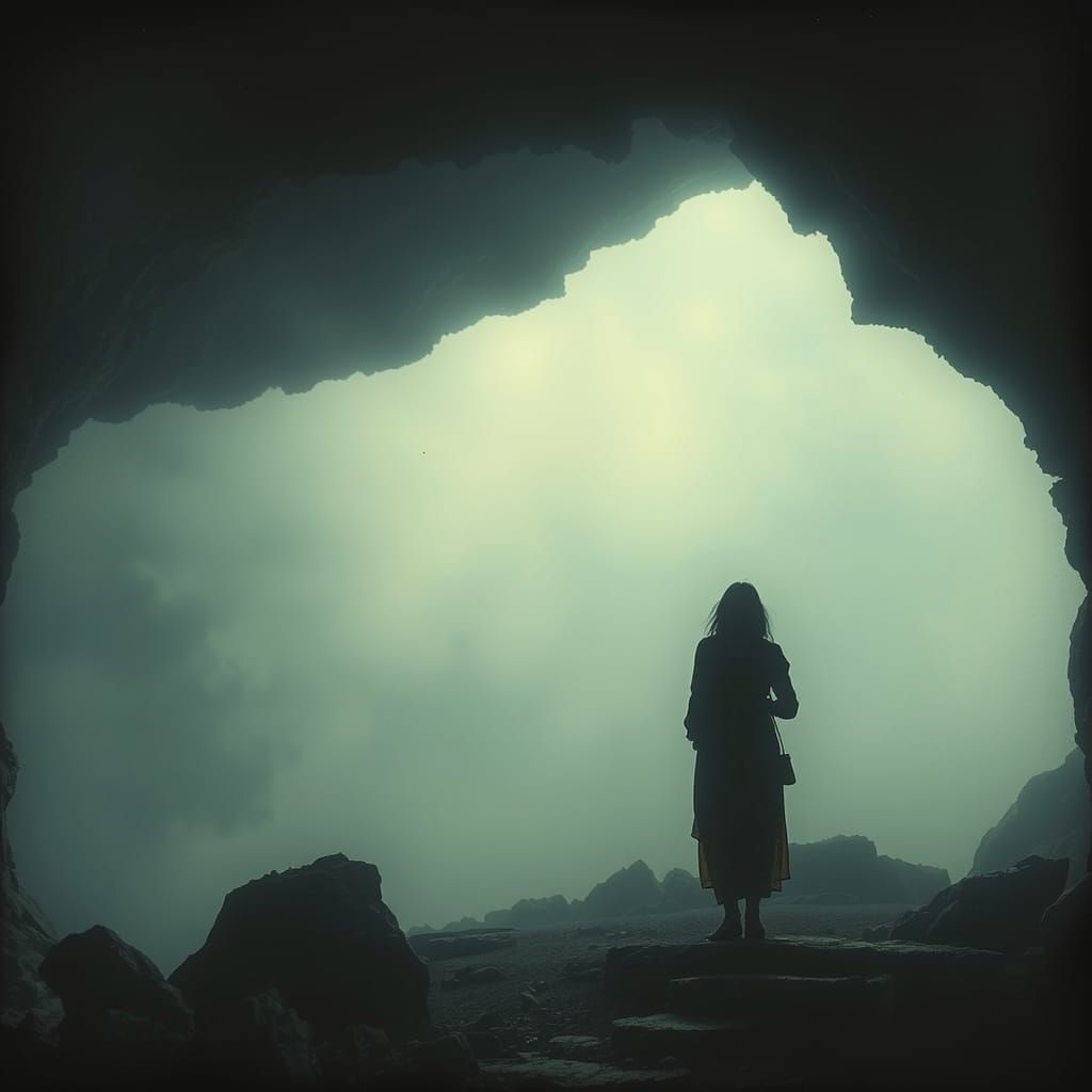 Cavewoman in Foggy Cave: Pictorialist Distressed Texture