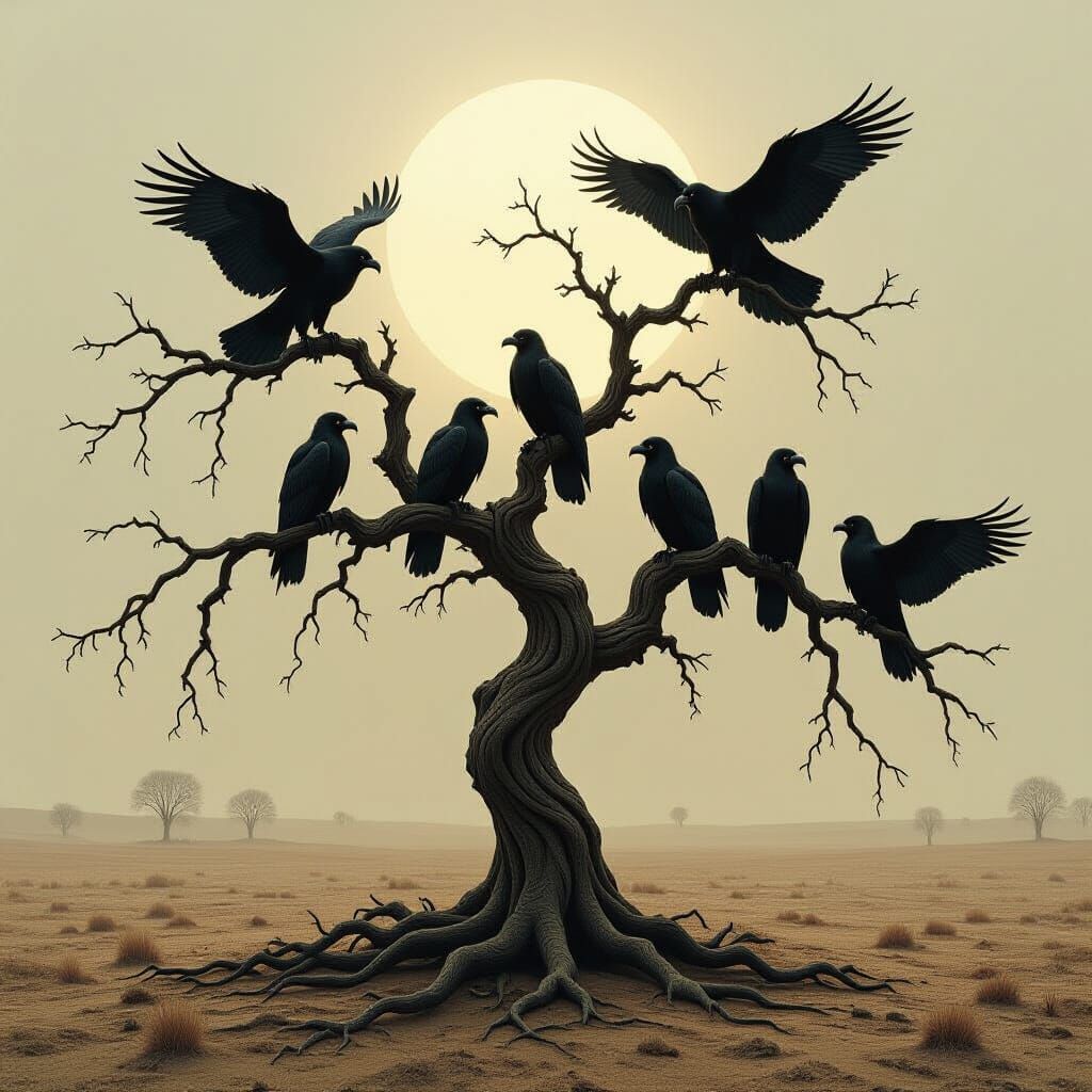 Demonic Vultures Perch on Barren Tree in Surreal Style