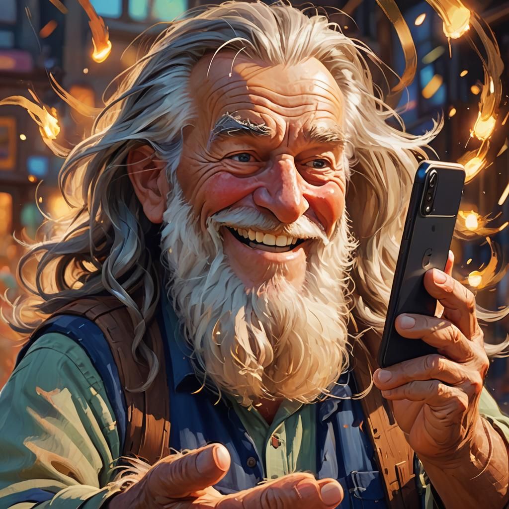 Crazy Old Man Tapping Smartphone in Pixar Style