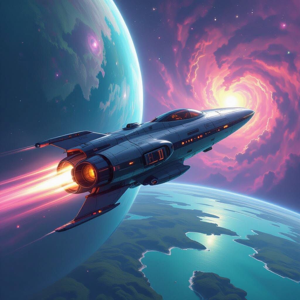 Sleek Spaceship Soaring Past Nebula Over Planet