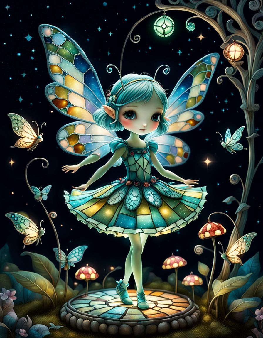 Fairy Girl Dances with Caterpillar in Surreal Landscape