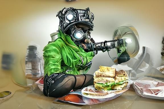 Eating a sandwich with a gasmask on