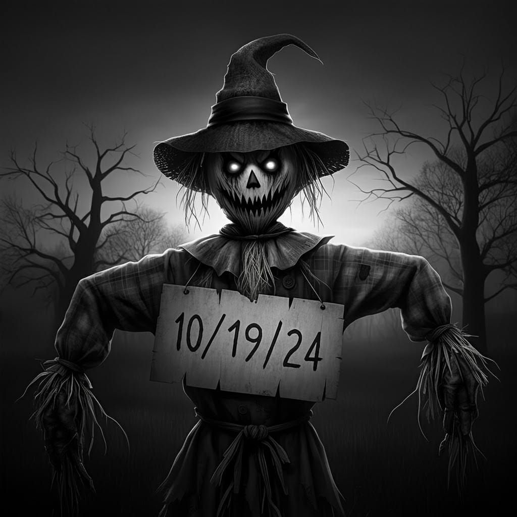 Sinister Scarecrow Holding Sign in Black and White
