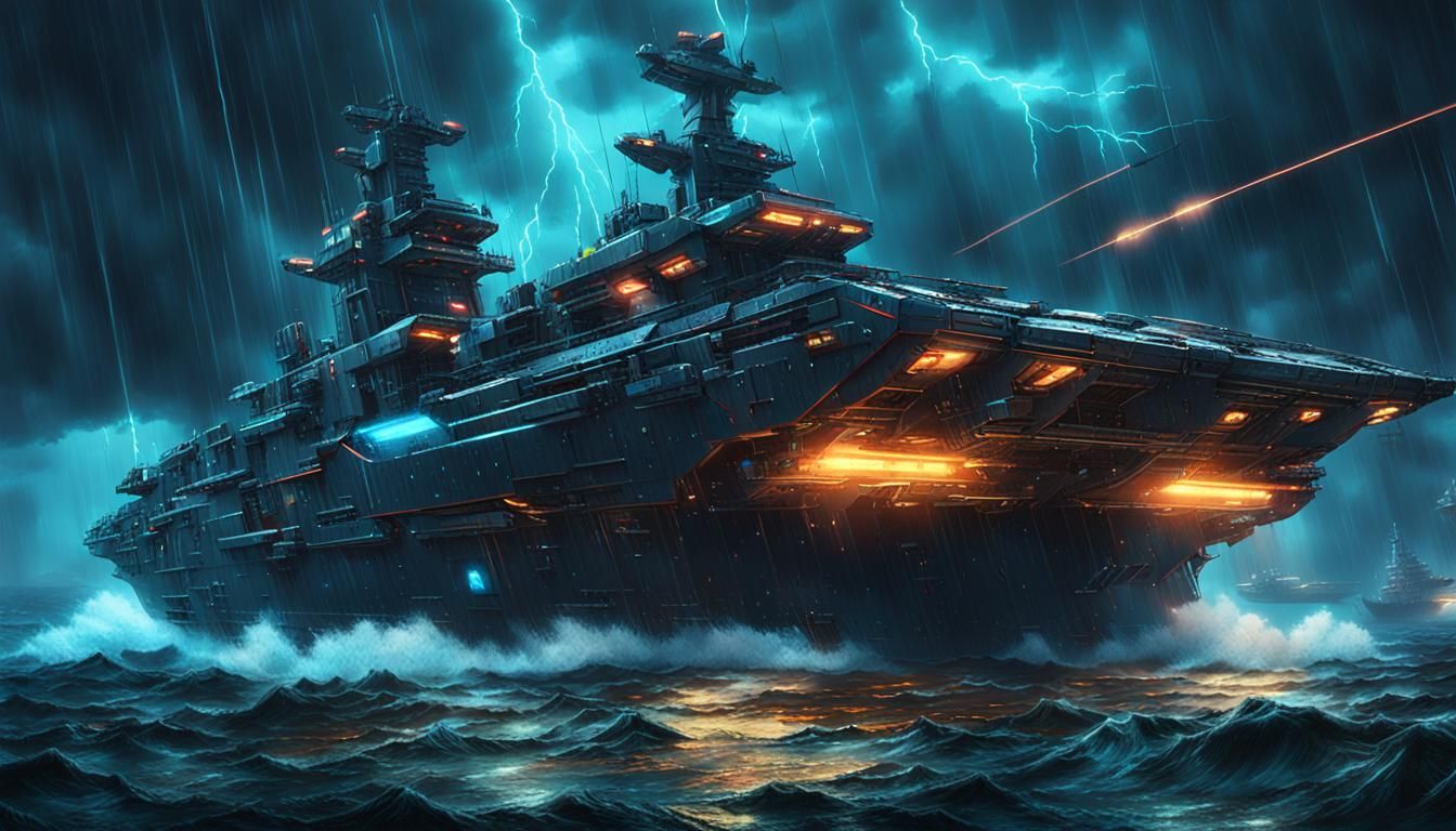 Cyberpunk Warship Concept Art in Stormy Seas