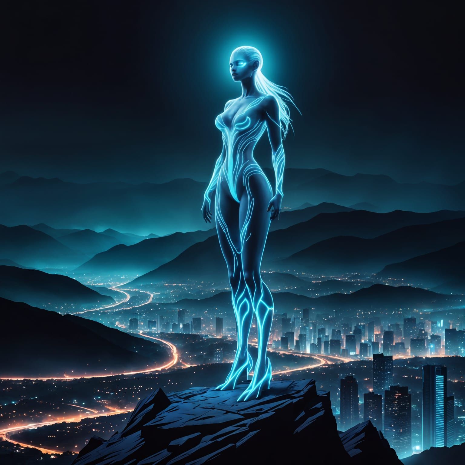 Banshee on Highrise in Bioluminescent Synthwave Night