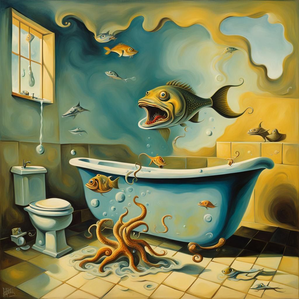 Cartoon Fish Brushing Teeth in Surrealist Style