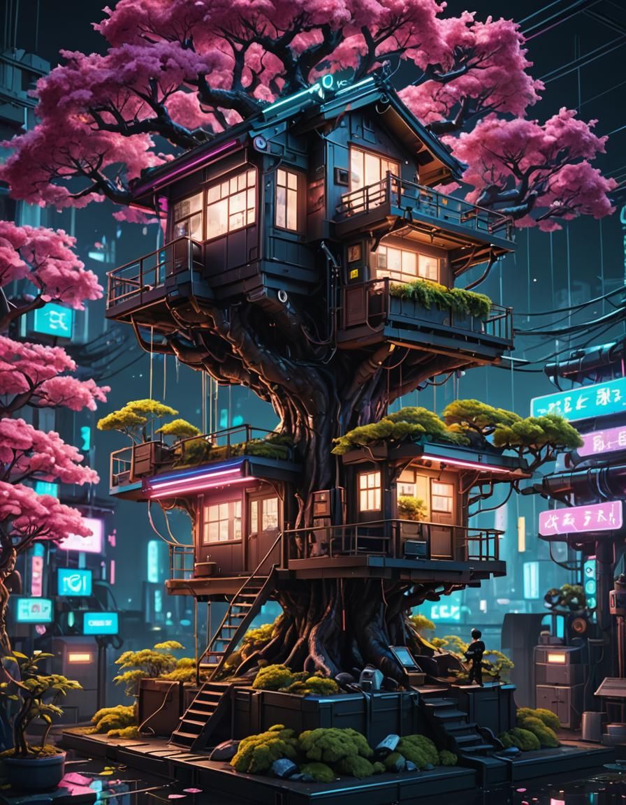 Cyberpunk Bonsai Treehouse with Neon Lights