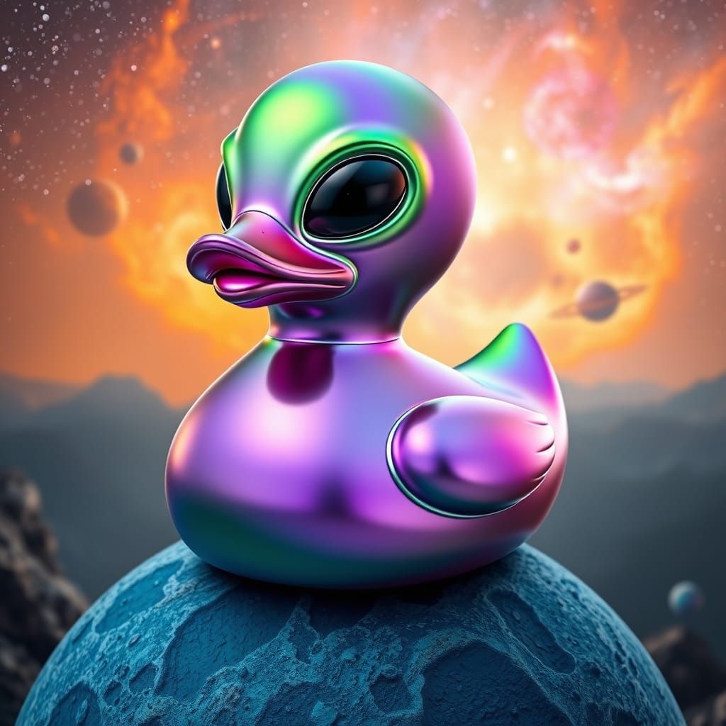 Hyperrealistic Alien Rubber Ducky in Cosmic Blue Moon Landsc...