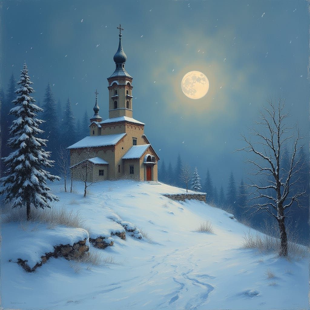 Serbian Orthodox Church in Snowy Moonlight Oil Painting