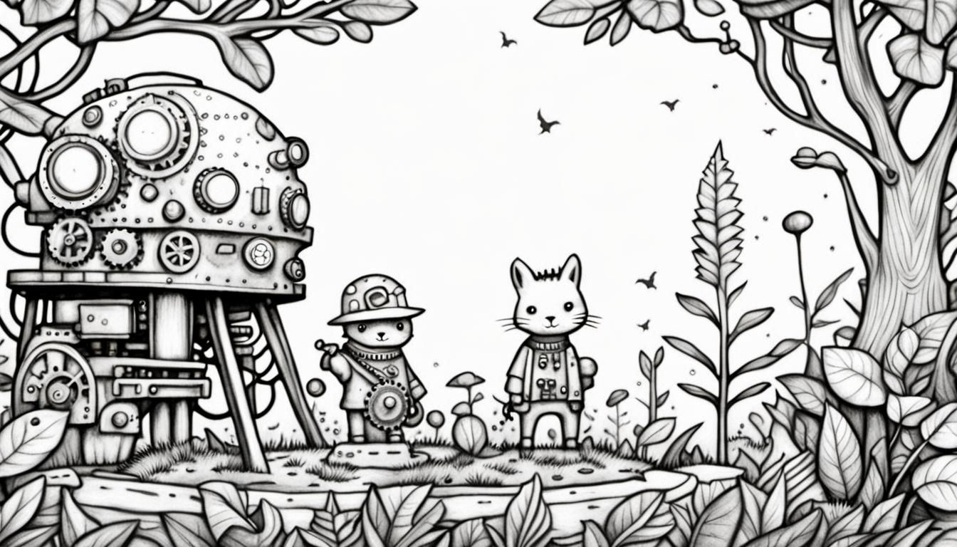 Steampunk Engine Illustration with Animals and City