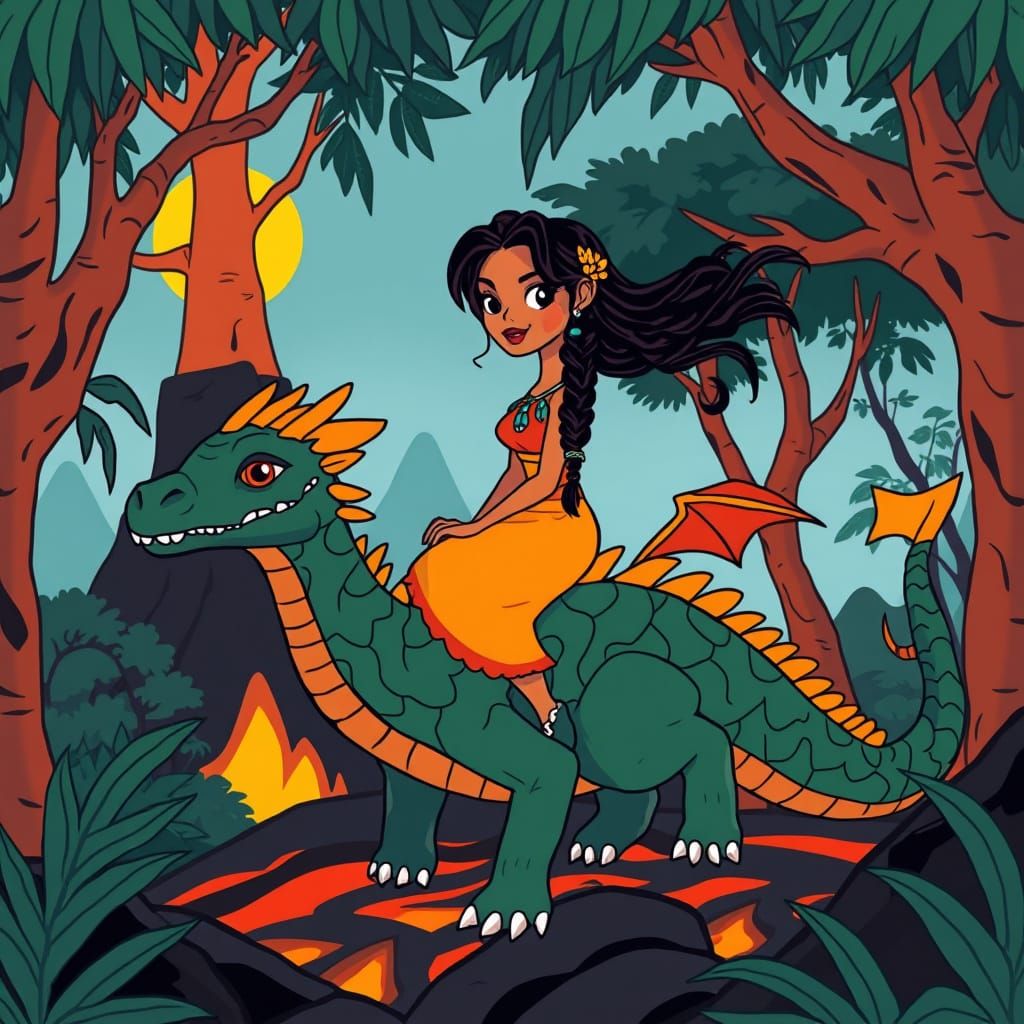 Cartoon Woman Rides Dragon Through Volcanic Jungle