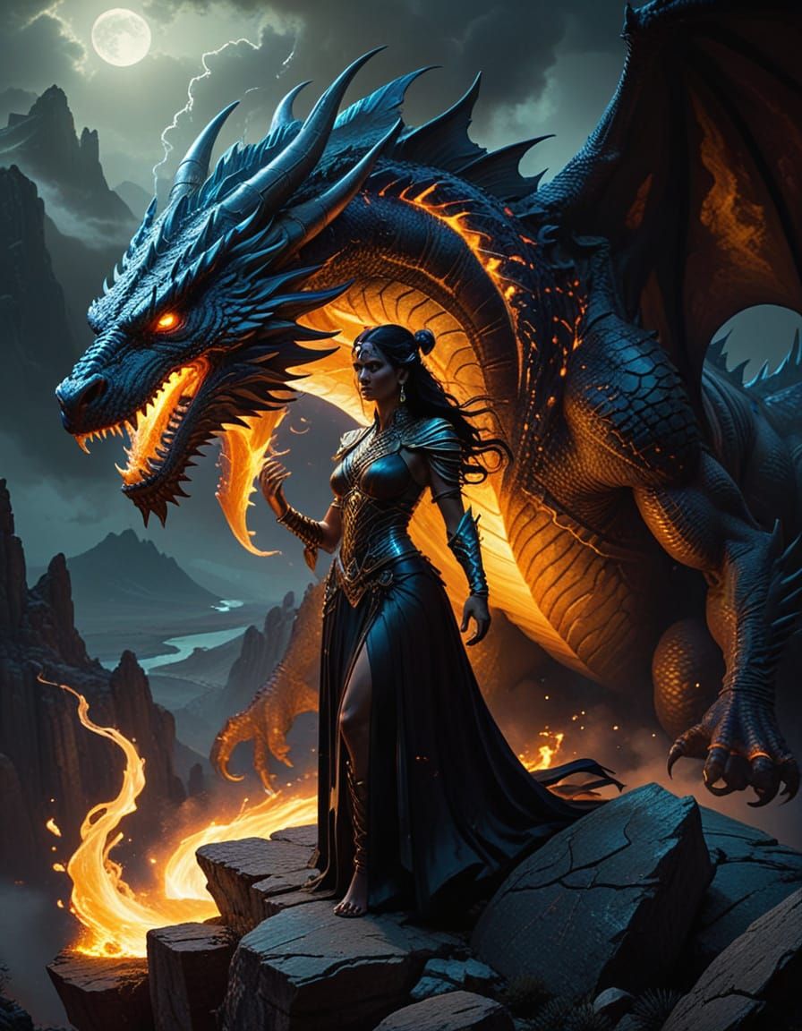 Indian Sorceress Summons Dragon in Dark Fantasy Art