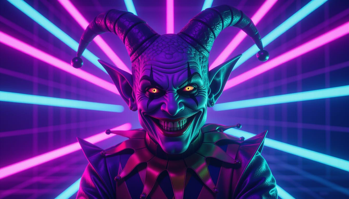 Evil Reptilian Jester Grins in Neon Synthwave Style
