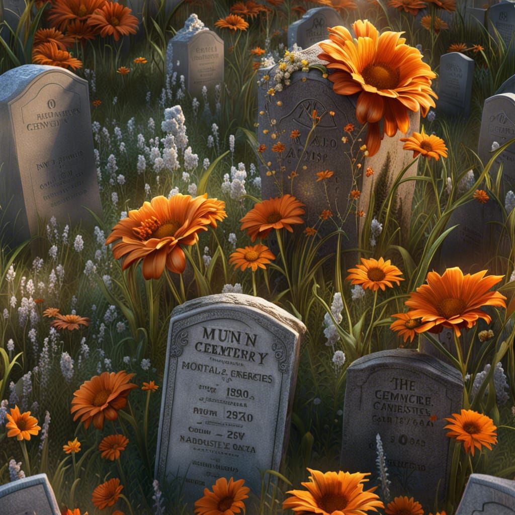 Cheese Headstones in Hypermaximalist Cemetery Scene