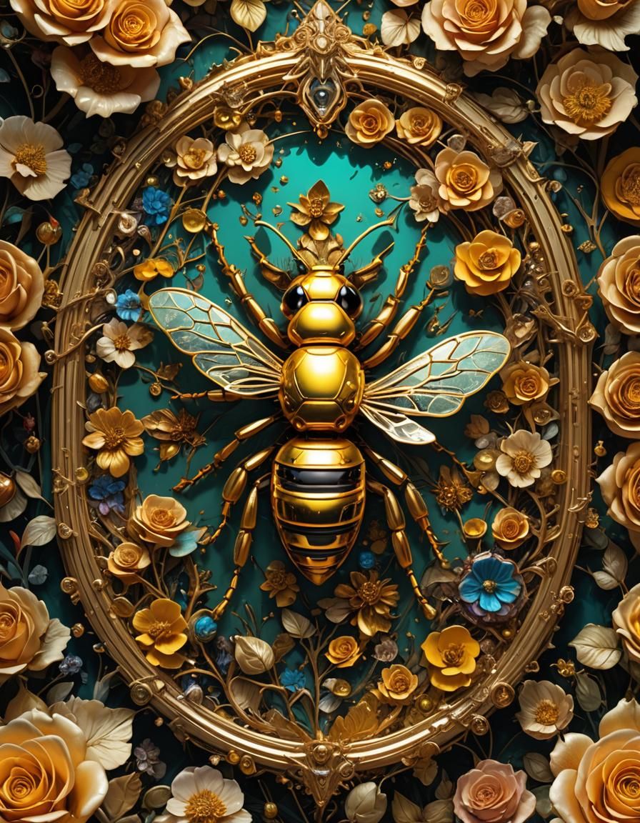 Golden Bee Inside Glowing Rose: Fantasycore Art