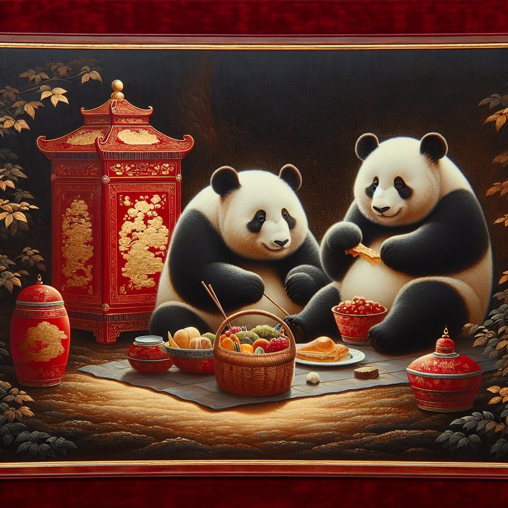 Pandas' Velvet Picnic with Lacquerware and Gold Leaf