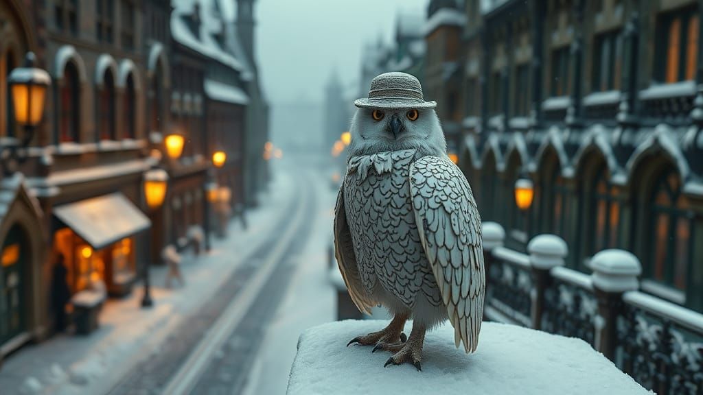 Snow Owl Detective in Victorian Winter Cityscape
