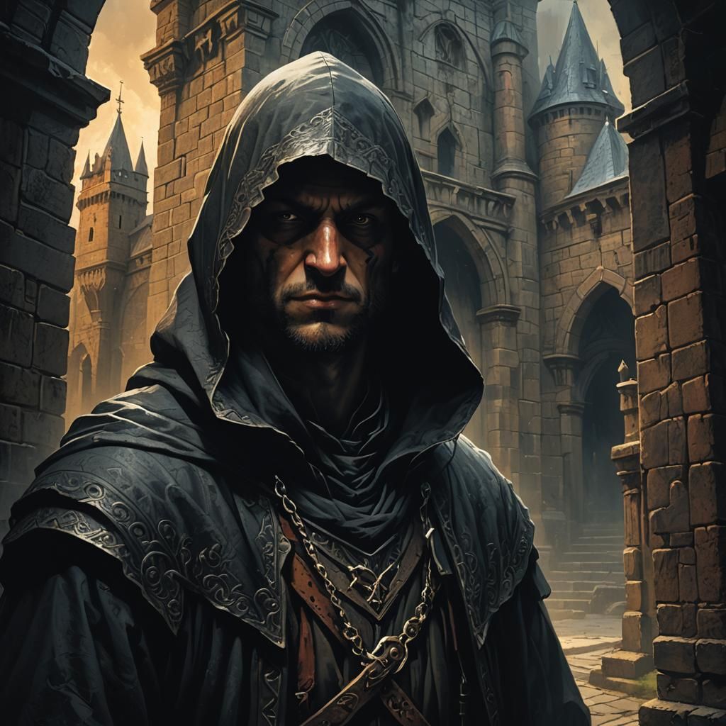 Dark Fantasy Assassin in Shadows: Greg Rutkowski Style