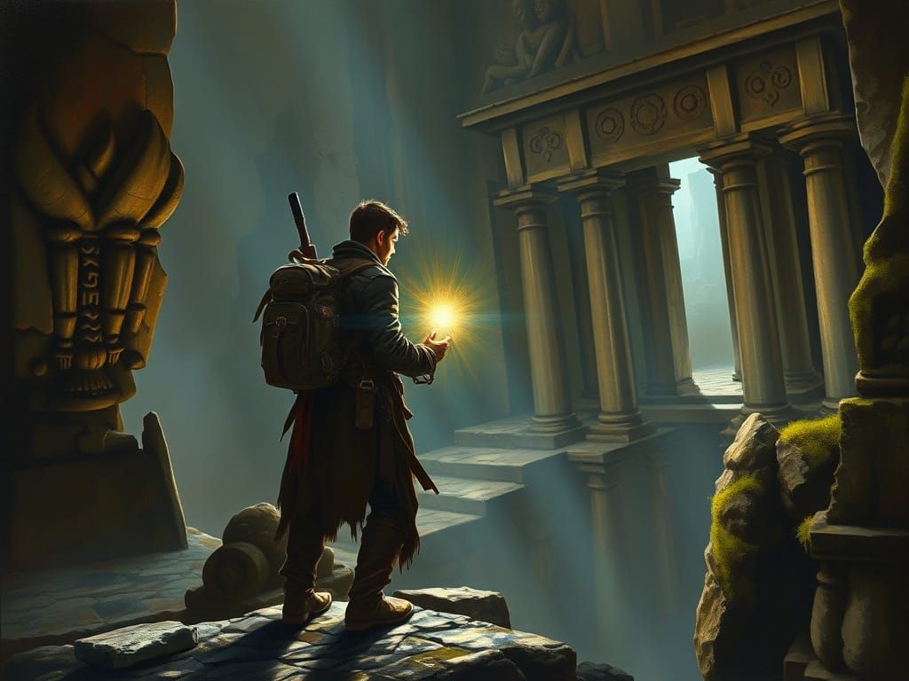 Adventurer at Ancient Temple: Rembrandt-esque Painting