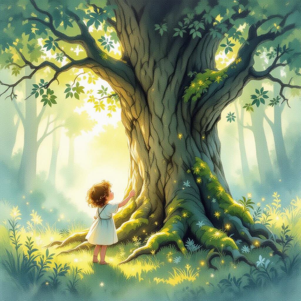 Child Touches Ancient Tree in Sunlit Forest Clearing
