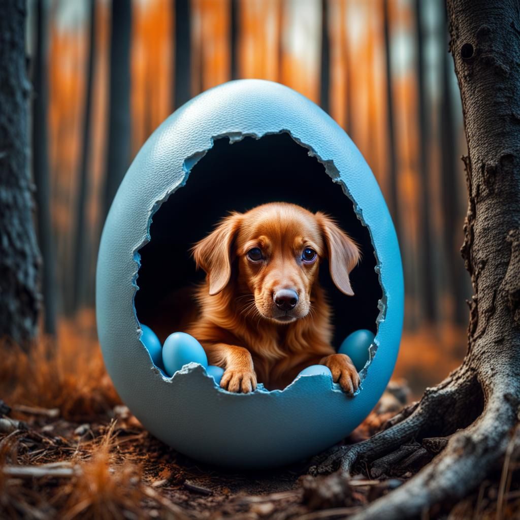Dog Hatching From Egg in Hyperrealistic Style