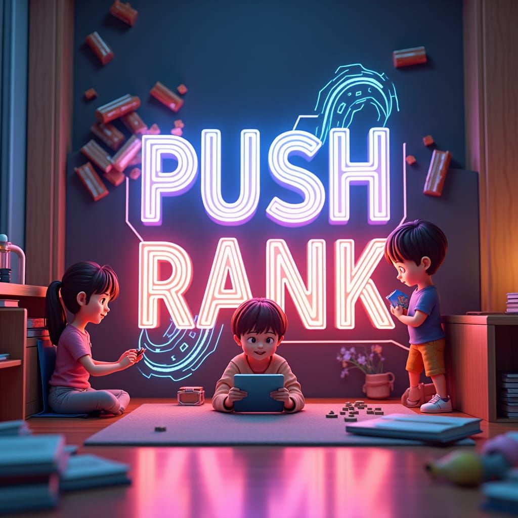 Vibrant 3D "PUSH RANK" Scene with Digital Aura