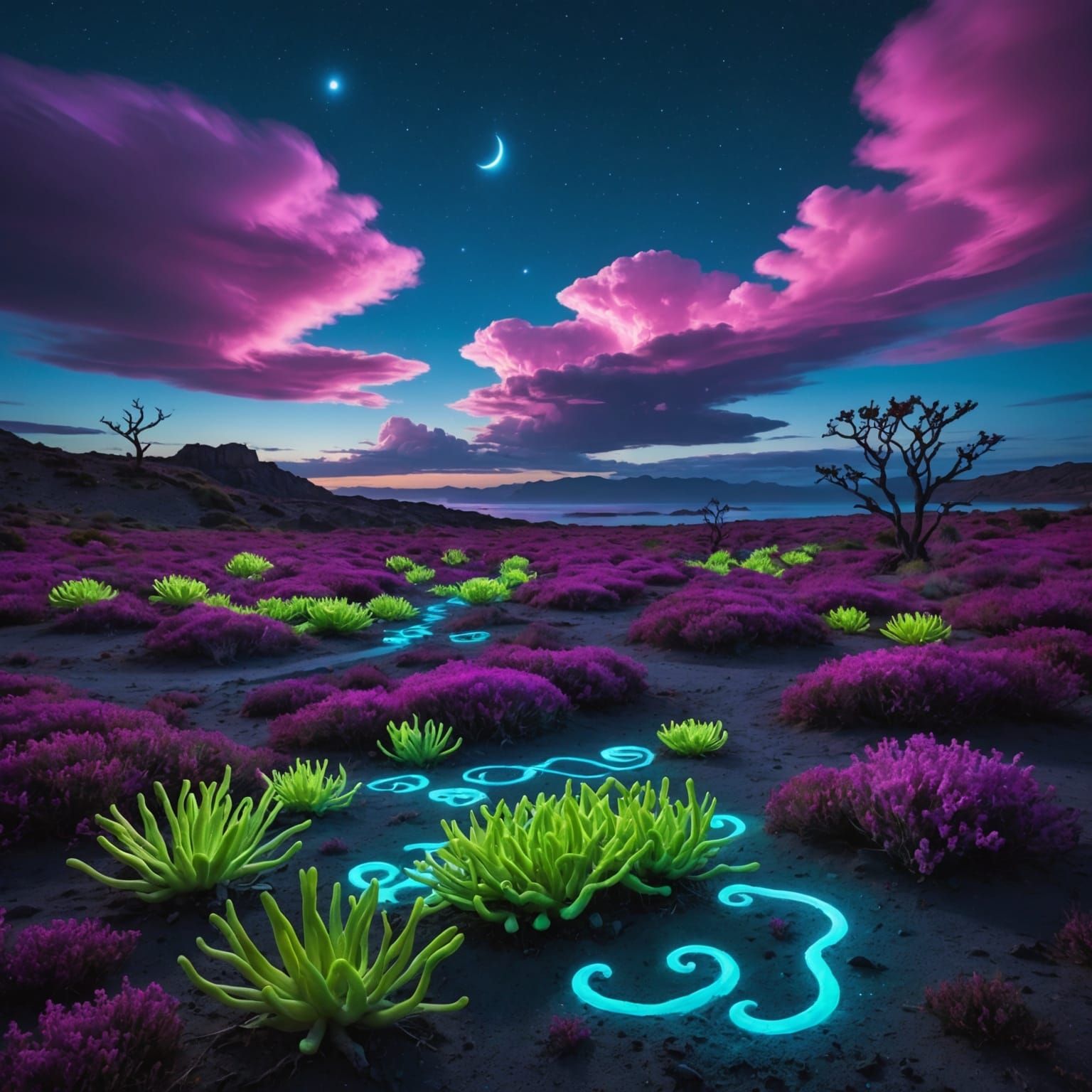 Glowing Bioluminescent Landscape with Floating Mandala