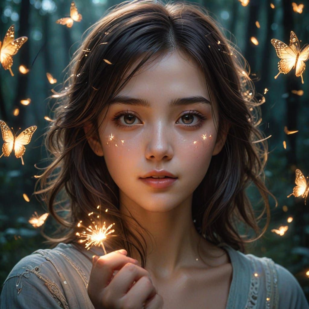 Woman Amidst Golden Fireflies in Soft, Warm Glow