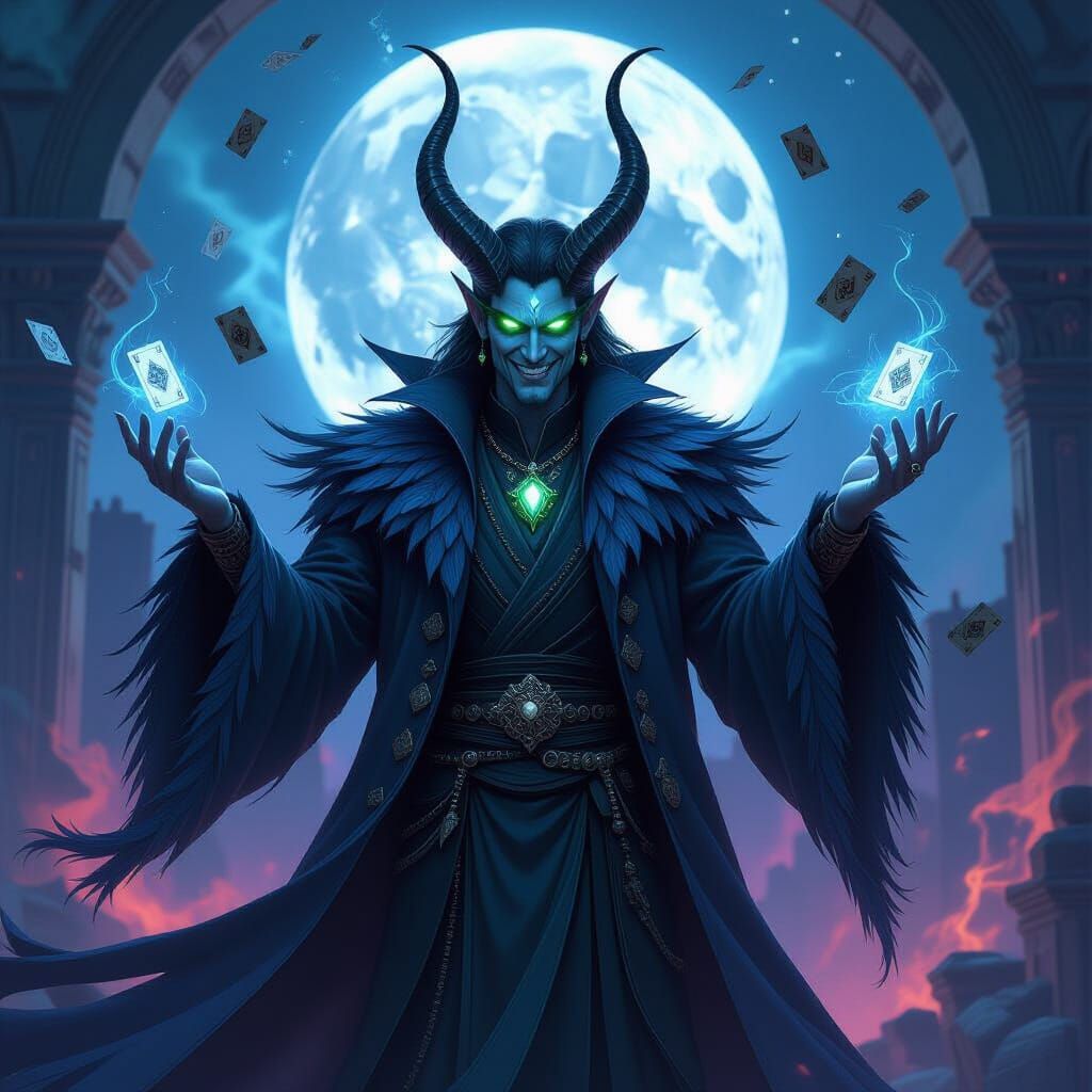 Kruvelix: Trickster Deity of Illusions in Moonlit Temple