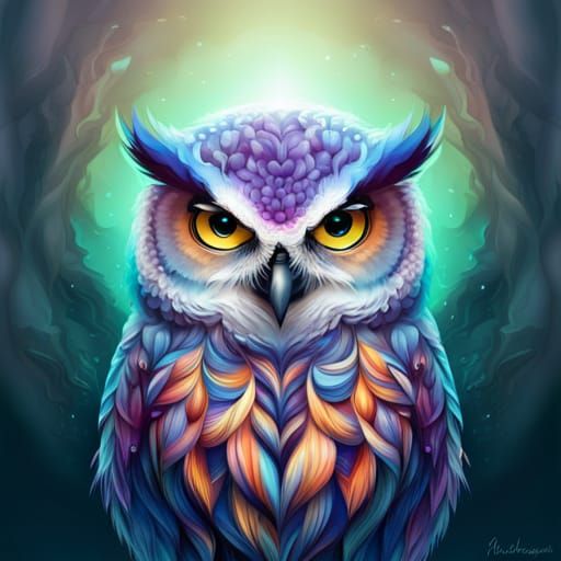 Crystal Feathered Owl in Marbled Zentangle Graffiti Style