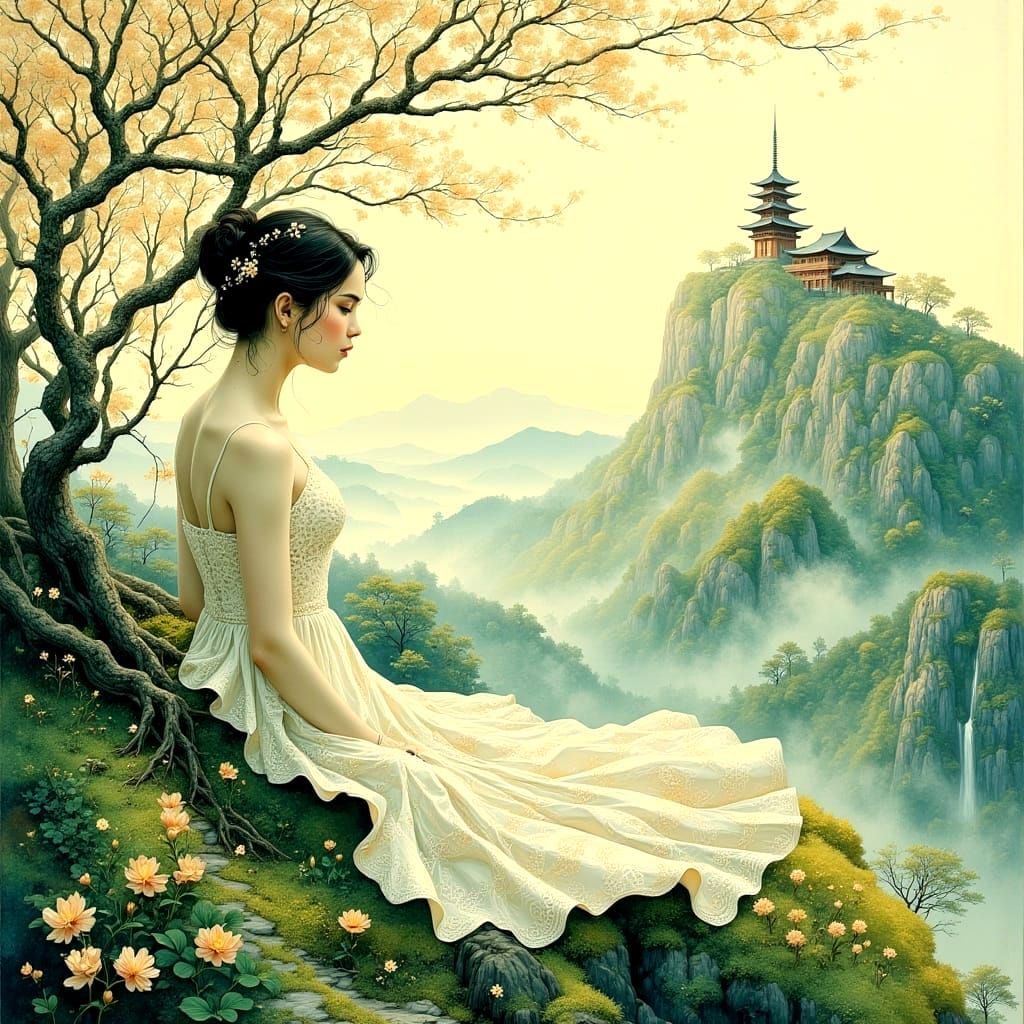Serene Woman Emerges from Hillside in Golden Age Style