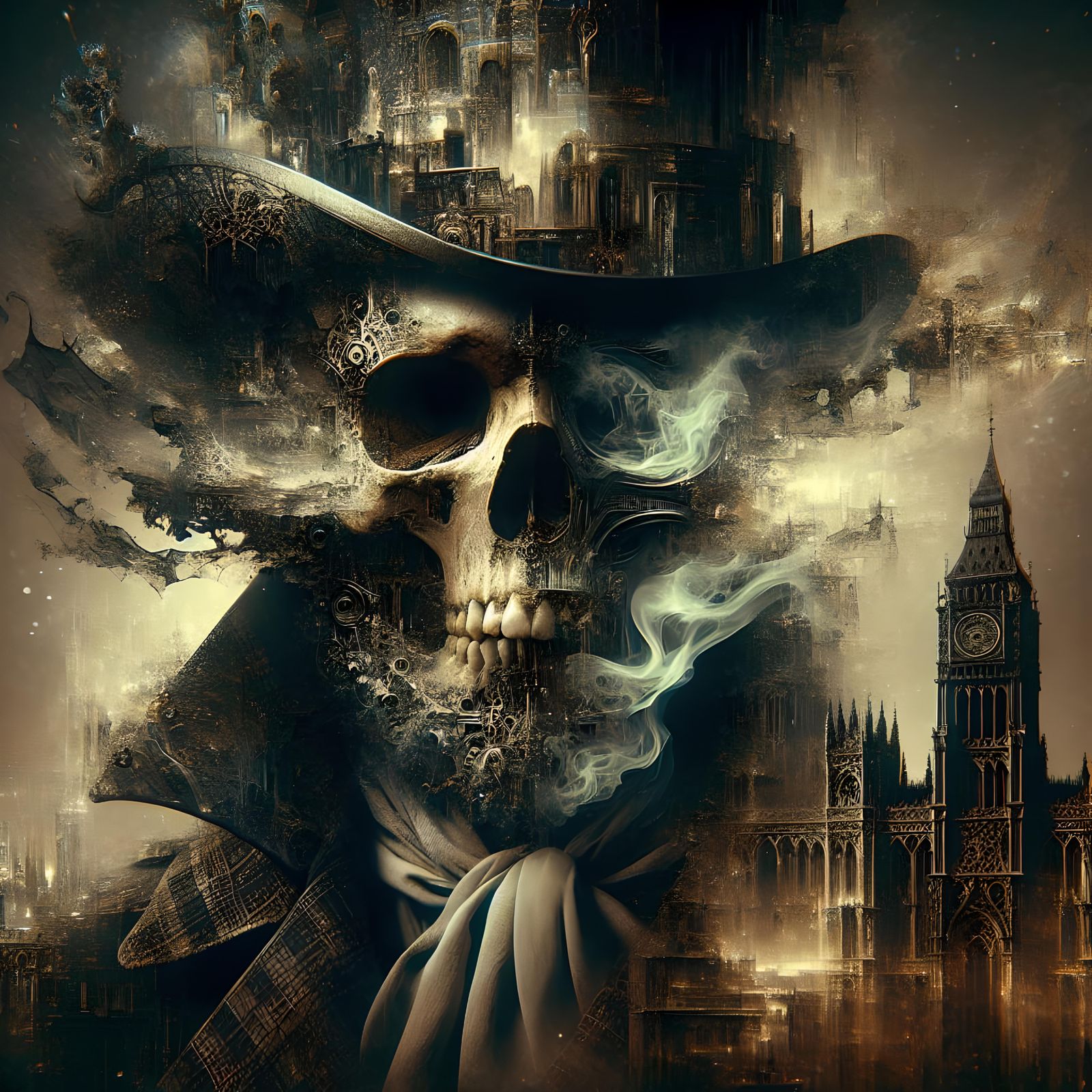 Steampunk Skull Figure in Dark Fantasy City