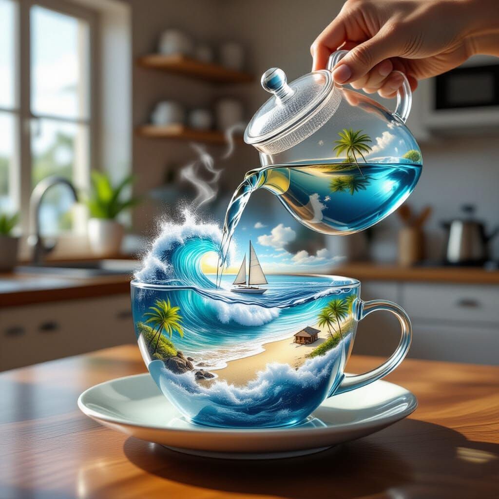 Teapot Pouring Ocean Wave into 3D Beach Cup