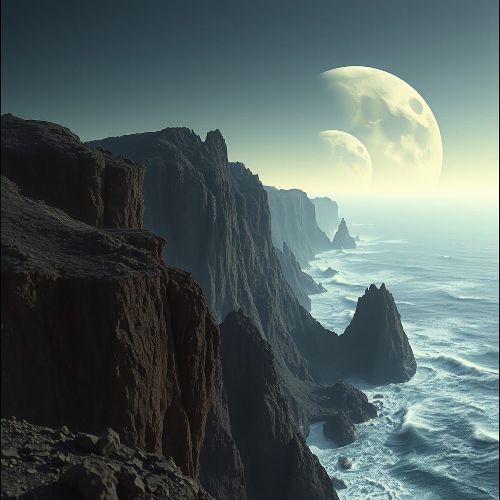 Dramatic Alien Seascape with Twin Moons