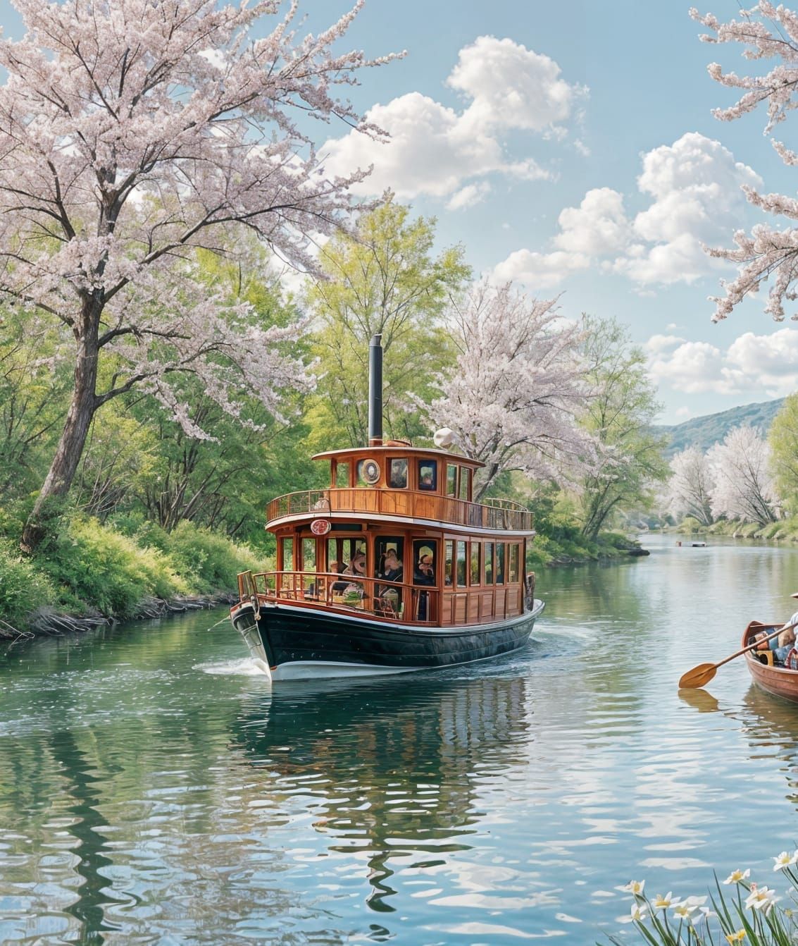 Paddle Wheel Boat on River in Spring, Magical Realism Oil Pa...