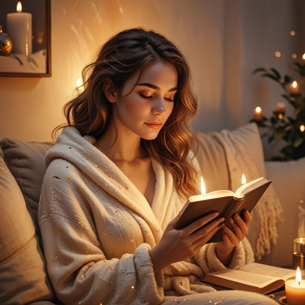 Cozy Lounge Room with Woman Reading by Candlelight