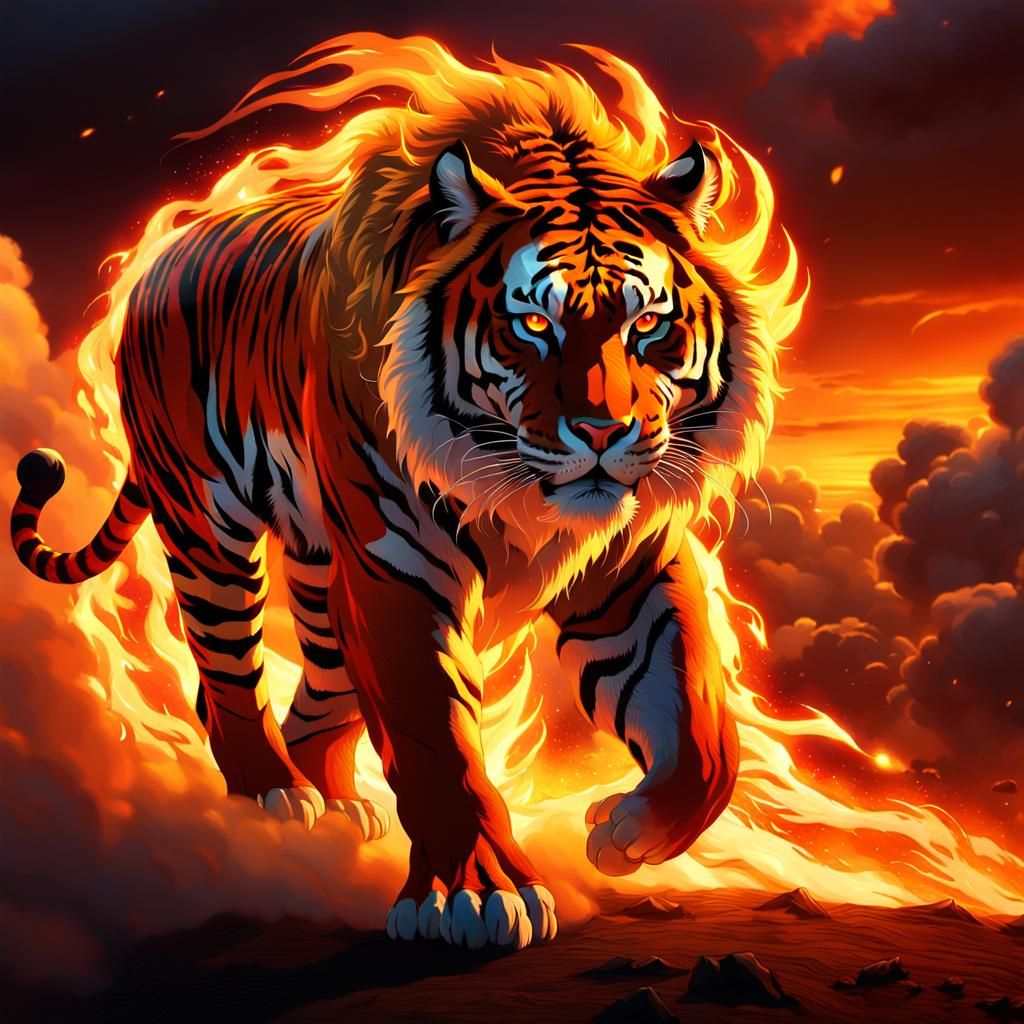 Flaming Tiger Emerges from the Golden Sunset