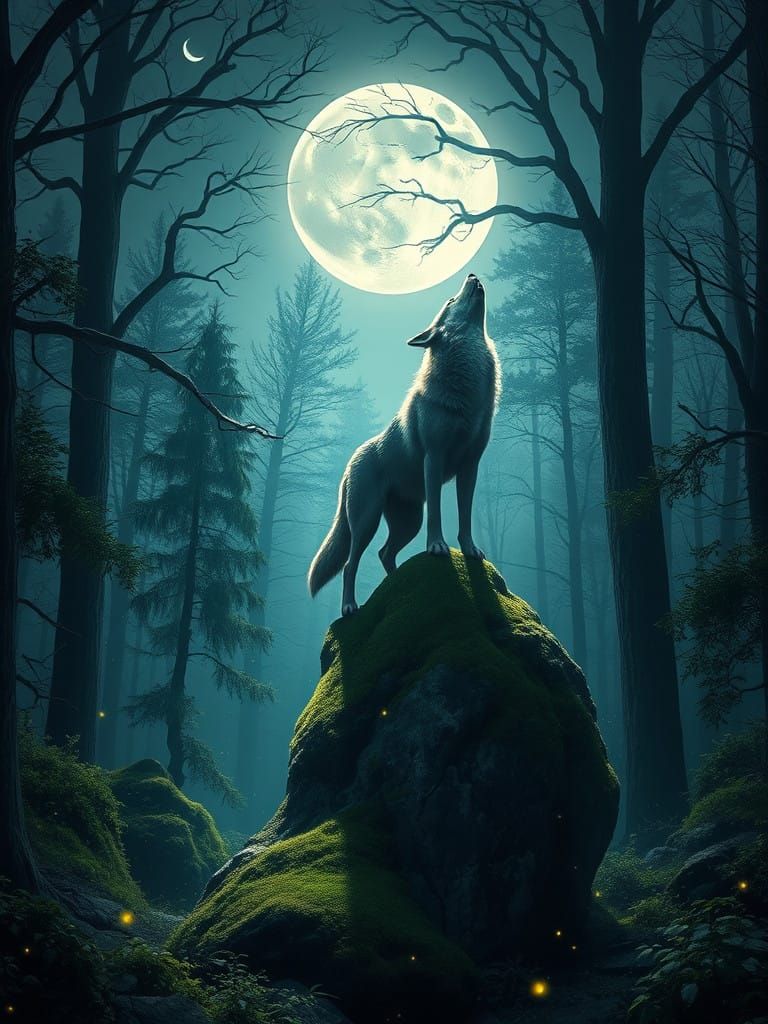 Mystical Moonlit Forest with Majestic Wolf