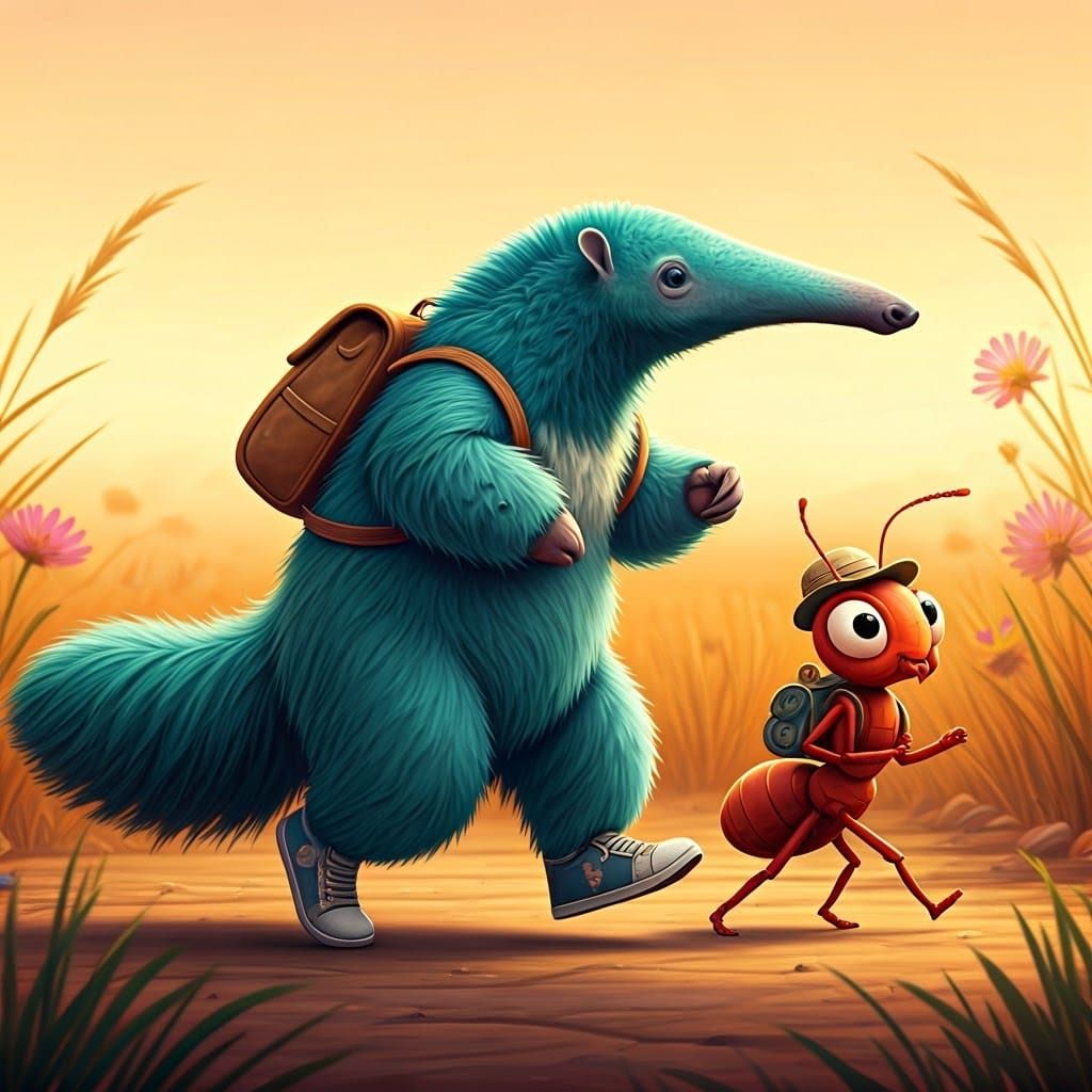 Anthropomorphic Anteater Chasing Ant on Savannah