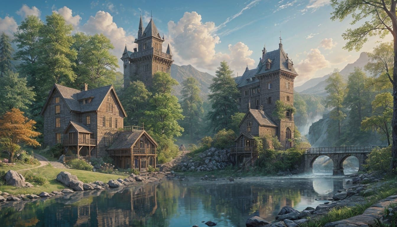 A serene, fantasy-style landscape features a picturesque rus...