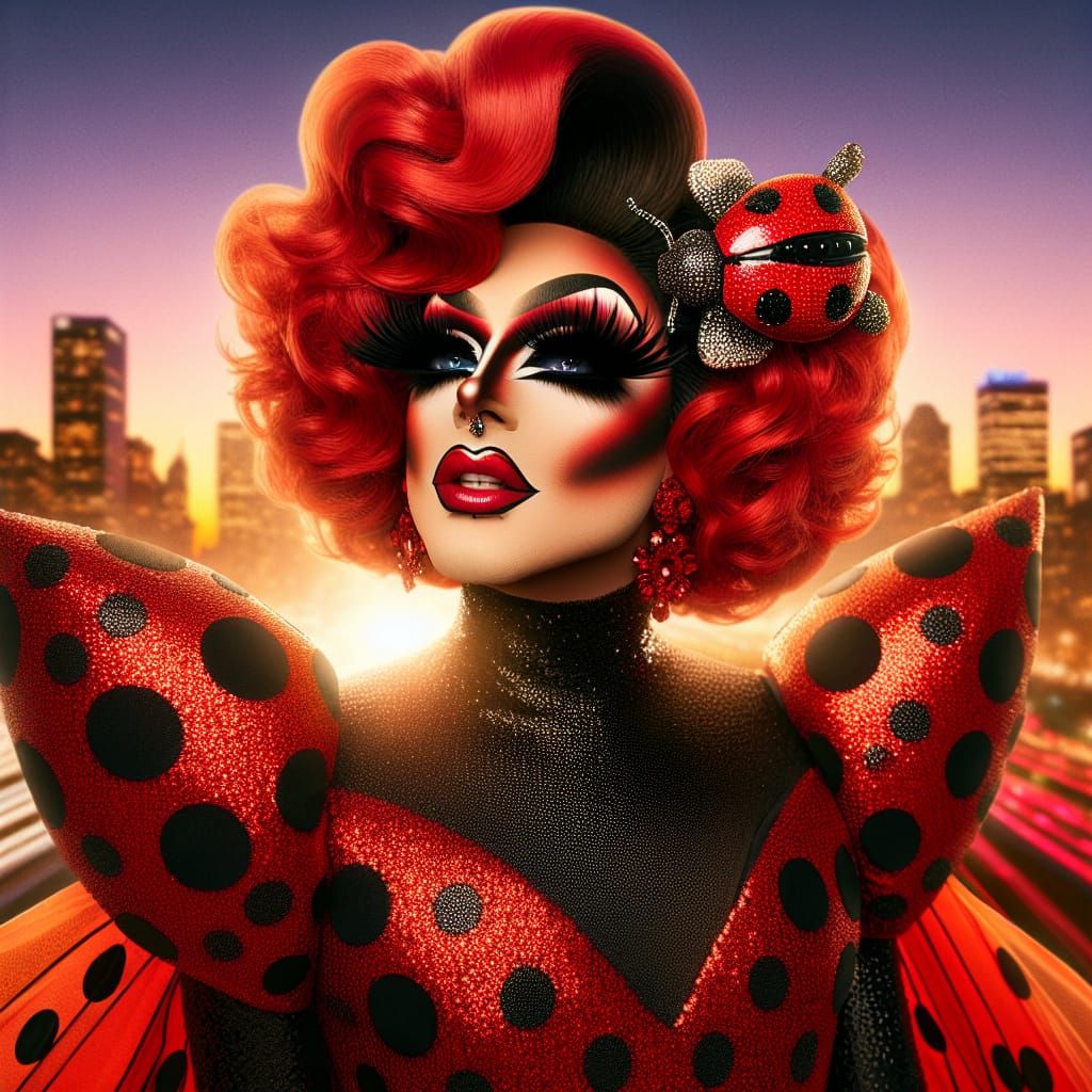 Ladybug Drag Queen Character in City Sunset